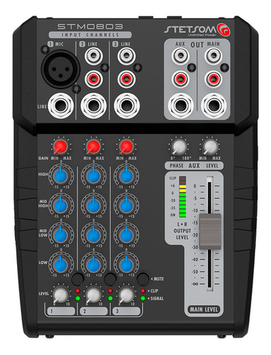 Mesa Som Stetsom Stm-0803 3 Canais Aux Mic Rca Equalizador