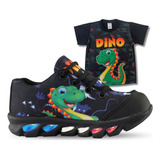 Kit Tenis De Led Infantil Do Dino Dinossauro Com Luz +camisa