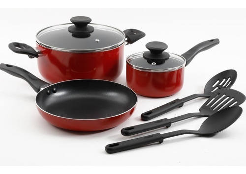 Batería De Cocina Roja Con Espatulas 8 Piezas Gibson