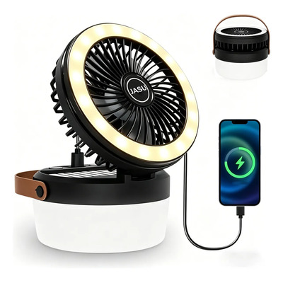 Ventiladorde Portatil Camping Recargable Con Luz Led Negro