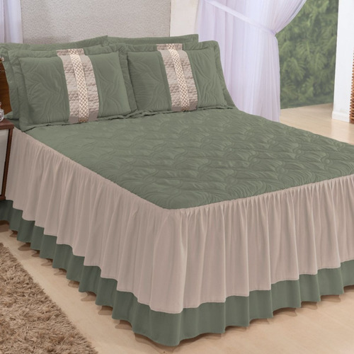 Colcha Casal Queen Kit Bordada 2,70 X 2,60 Cama Box Cor Verde