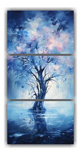 75x150cm Cuadro Tríptico Vida Árbol Colores Azules Flores