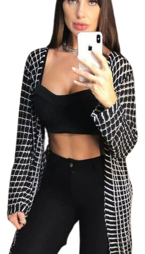 Cardigan Feminino Longo Trico Lã Kimono Inverno Quadradinho