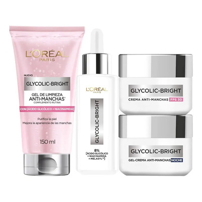 L'Oréal Paris Kit Anti-Manchas Glycolic Bright Rutina Completa con Ácido Glicólico y Niacinamida Sérum de Rostro 30ml + Crema Hidratante de Día 50ml + Crema de Noche 50ml + Limpiador Facial 150ml, 4pz | Envío gratis