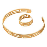 Bracelete Feminino Pulseira E Anel Aço Inox Banhado A Ouro