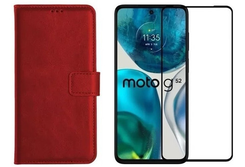 Kit Capa Carteira Vermelha Para Moto G52 / G82 + Pelicula