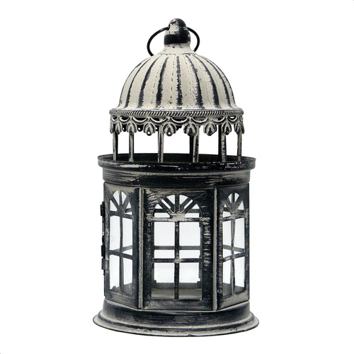 Farol Hexagonal Metal Gris 23cm Porta Vela Fanal Deco