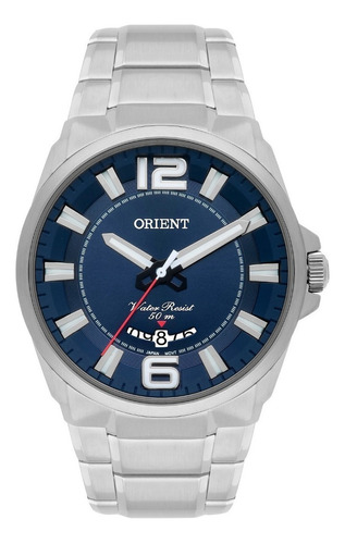 Relógio Orient Masculino Fundo Azul Mbss1334 D2sx Correia Prata Bisel Prata