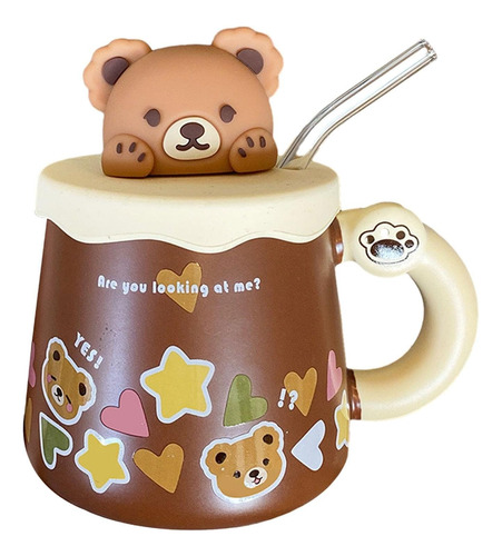 Taza Cerámica Con Tapa Silicona Sorbete De Vidrio Oso Cafe