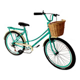 Bicicleta Feminina Aro 26 Retrô C/ Cesta Vime 6 Marchas Mary