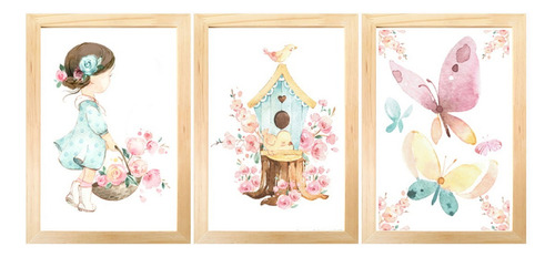 3 Quadros Bebê Infantil Jardim Secreto Flores Borboletas