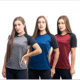Kit 3 Camisas Raglan Dry Fit Feminina Academia Preto/mescla