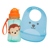 Conjunto Garrafa Macaco 350ml Babador Silicone Pega Migalhas