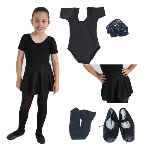 Kit Roupa De Ballet Infantil Conjunto Uniforme Balé Preto