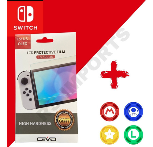 Proteção Pelicula Vidro Nintendo Switch Oled + 4 Grip Mario