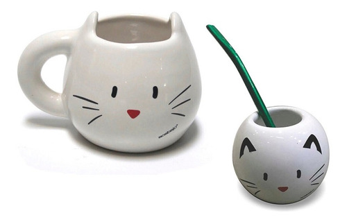 Acabajo Deco Set Taza Gato Blanco Y Mate Con Bombilla 