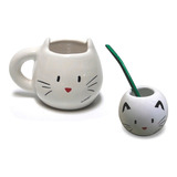 Acabajo Deco Set Taza Gato Blanco Y Mate Con Bombilla 