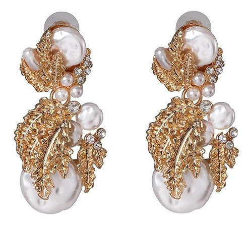 Aretes Largos Para Fiesta, Elegantes, Perla Y Relieve Dorado