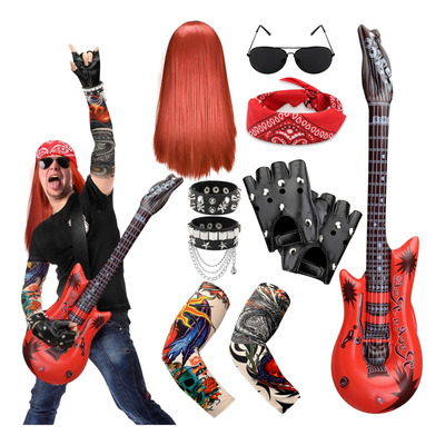 Accesorios Para Disfraz De De Rockero De Los 70s 80s 90s 7 Piezas Con Peluca, Guitarra Inflable, Pañue Y Otros Accesorios