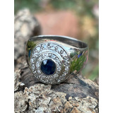 Hermoso Anillo De Plata Paladio Con Diamantes Y Un Zafiro