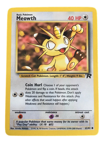 Meowth 62/82 Team Rocket Pokemon Tcg 2000 Ingles Original 