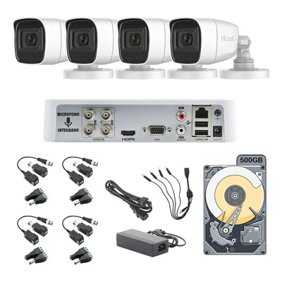 Kit Circuito Cerrado Hilook Dvr 4 Canales 4 Camaras 1080p 2mp Full Hd Audio Integrado Thc-b120-ps Video Baluns Disco Duro 500gb Blanco Hikvision | Envío gratis