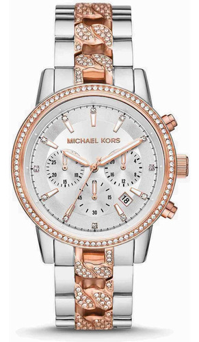 Reloj Michael Kors Ritz Modelo Mk6938 Original Para Dama Color De La Correa Plateado Color Del Bisel Oro Rosa Color Del Fondo Plateado