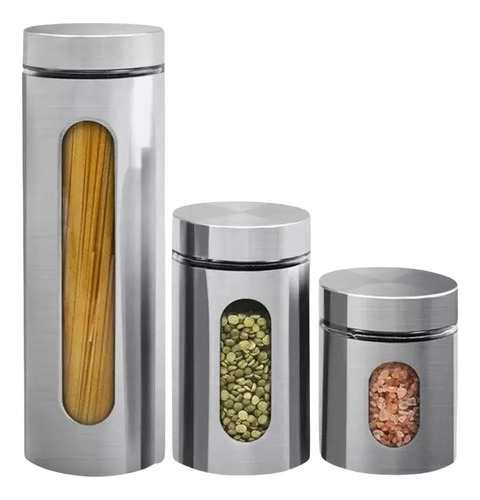 Kit 3 Potes Para Mantimentos Inox E Vidro Tampa De Rosca