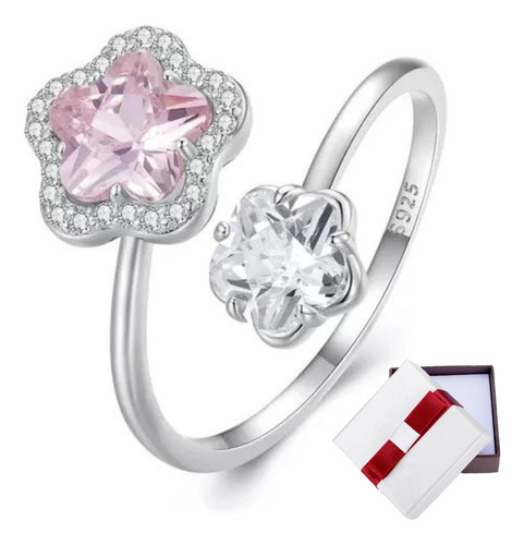 Anillo Promesa Plata 925 Mujer Ajustable Flor Rosa