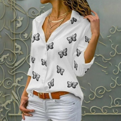 Camisa De Solapa Suelta Con Estampado De Mariposa