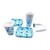 Kit Vasos Platos Y Cubiertos Blanco Azul Estrellas X 12 Un