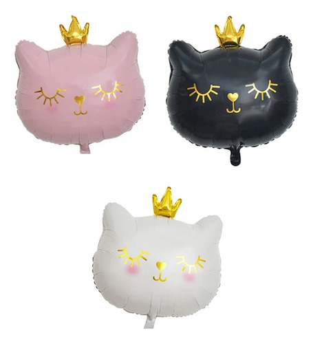 Pack 3 Globos Metalizados Cabeza Gato Gatito 70cm Decoración