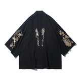 Hombres Vintage Kimono Abrigo Bordado Dragón Japonés