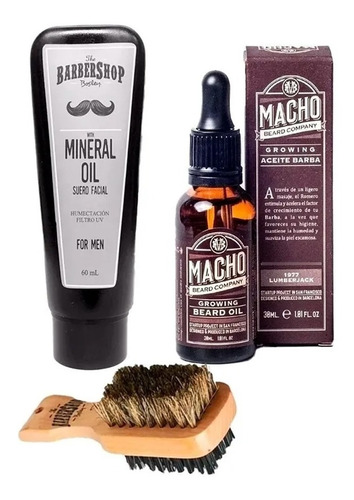 Kit Tónico Macho + Aceite Mineral Barbershop Barba + Cepillo