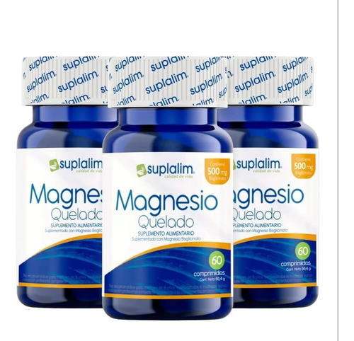 3 Frascos Magnesio Quelado 500mg 60 Comprimidos - Suplalim