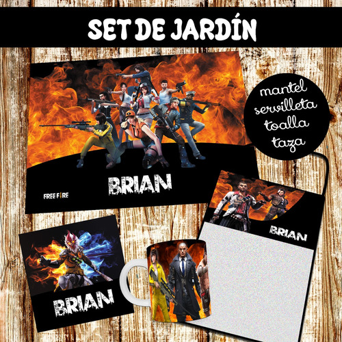 Set Jardín Free Fire - Mantel + Servilleta + Taolla + Taza