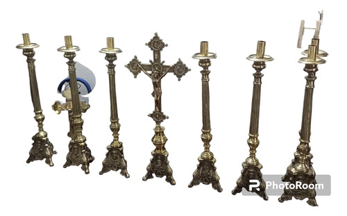 Juego Para Altar Cruz Y Candelabros En Bronce 60cm Iglesia 