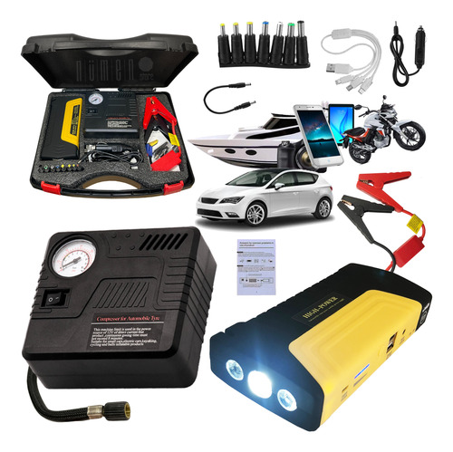 Set Arrancador Portatil Auto Moto 12v + Mini Compresor Aire