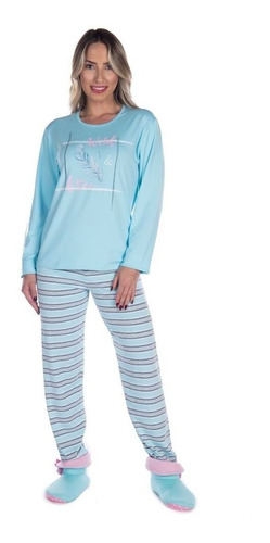 Pijama Estampado Feminino Adulto Comprido Frio Manga Longa