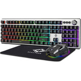 Teclado+mouse+alfombrilla Gamer Rgb Blanco Plateado