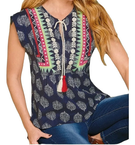 Hermosa Blusa Manga Corta, Bordados Multicolor Cklass 978-47