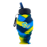 Botella Silicona Footy Copa Fútbol Flexible Azul Y Amarillo