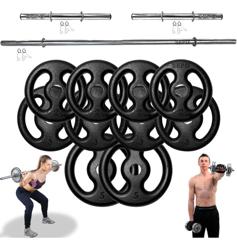 30kg Em Anilhas E 3 Barras Com 6 Presilhas Kit Completo 