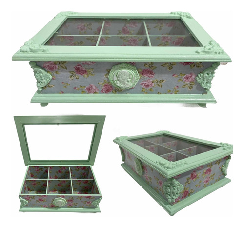 Caja De Té Vintage Shabby Chic Madera X 6 Divisiones