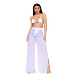 Calça Pantalona Transparente Saída Fenda Piscina/praia