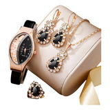 Conjunto Reloj Lujoso + Collar, Aretes, Anillo Diamantes