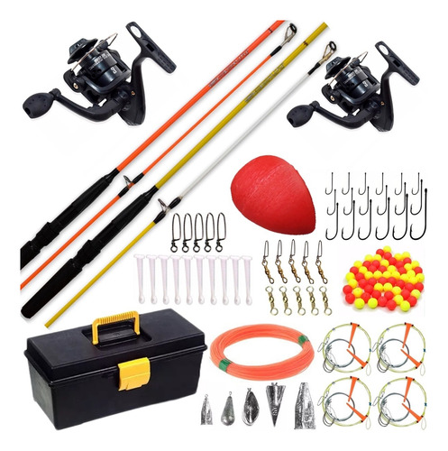 Kit Pesca 2x Cañas + 2x Reel + Caja Completa Lineas Boya Anz