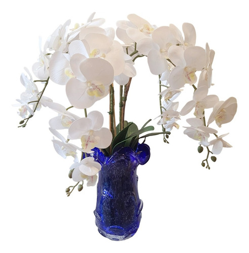 Orquídeas Brancas Realísticas No Vaso Azul Murano Luxo 