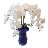 Orquídea Branca Realística Silicone No Vaso Azul Murano 