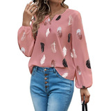 Camisa De Mujer Manga Larga Estampada Cuello En V Moda